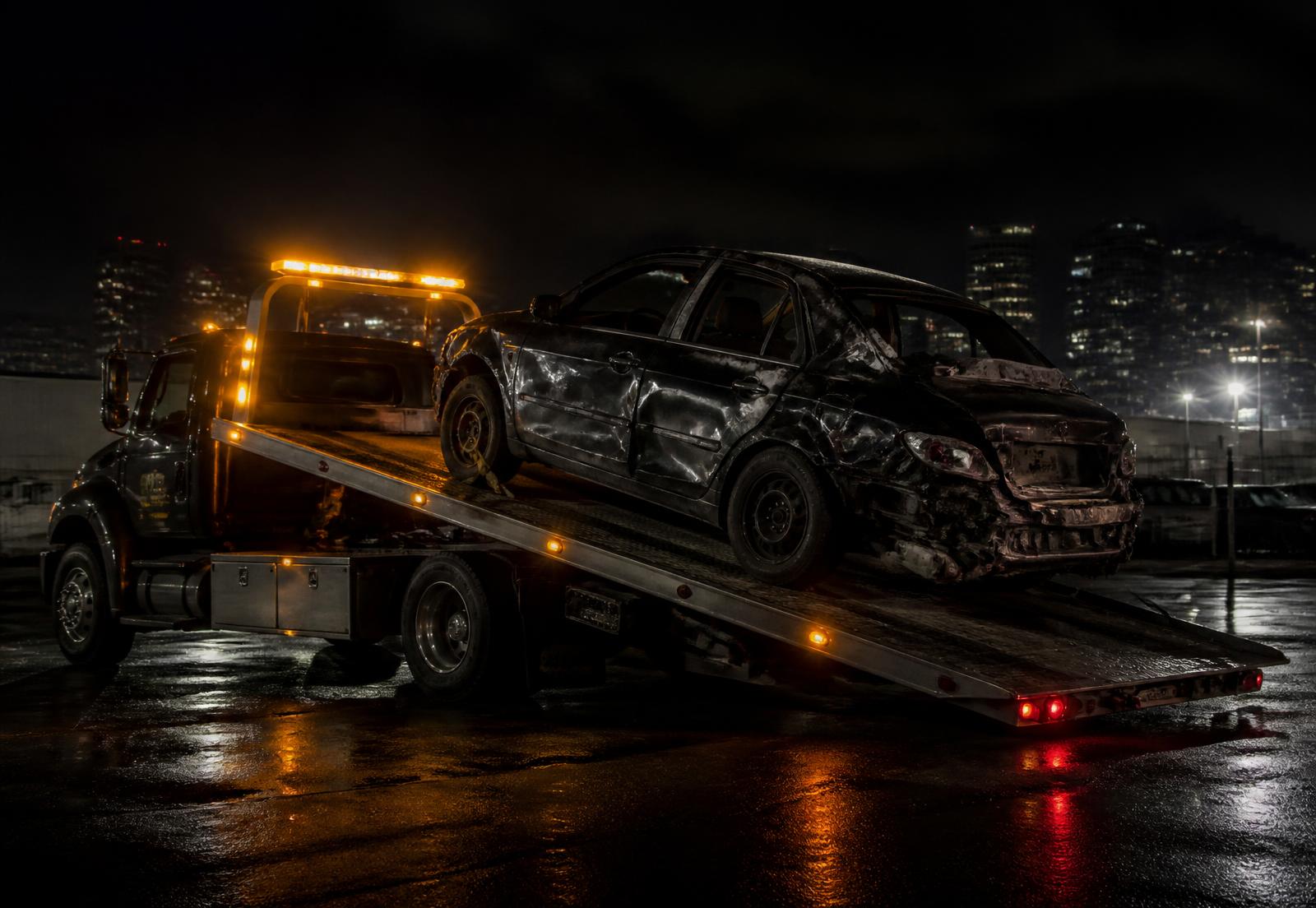 Stack Towing flatbed tow truck loading a junk car at night in Providence, Rhode Island